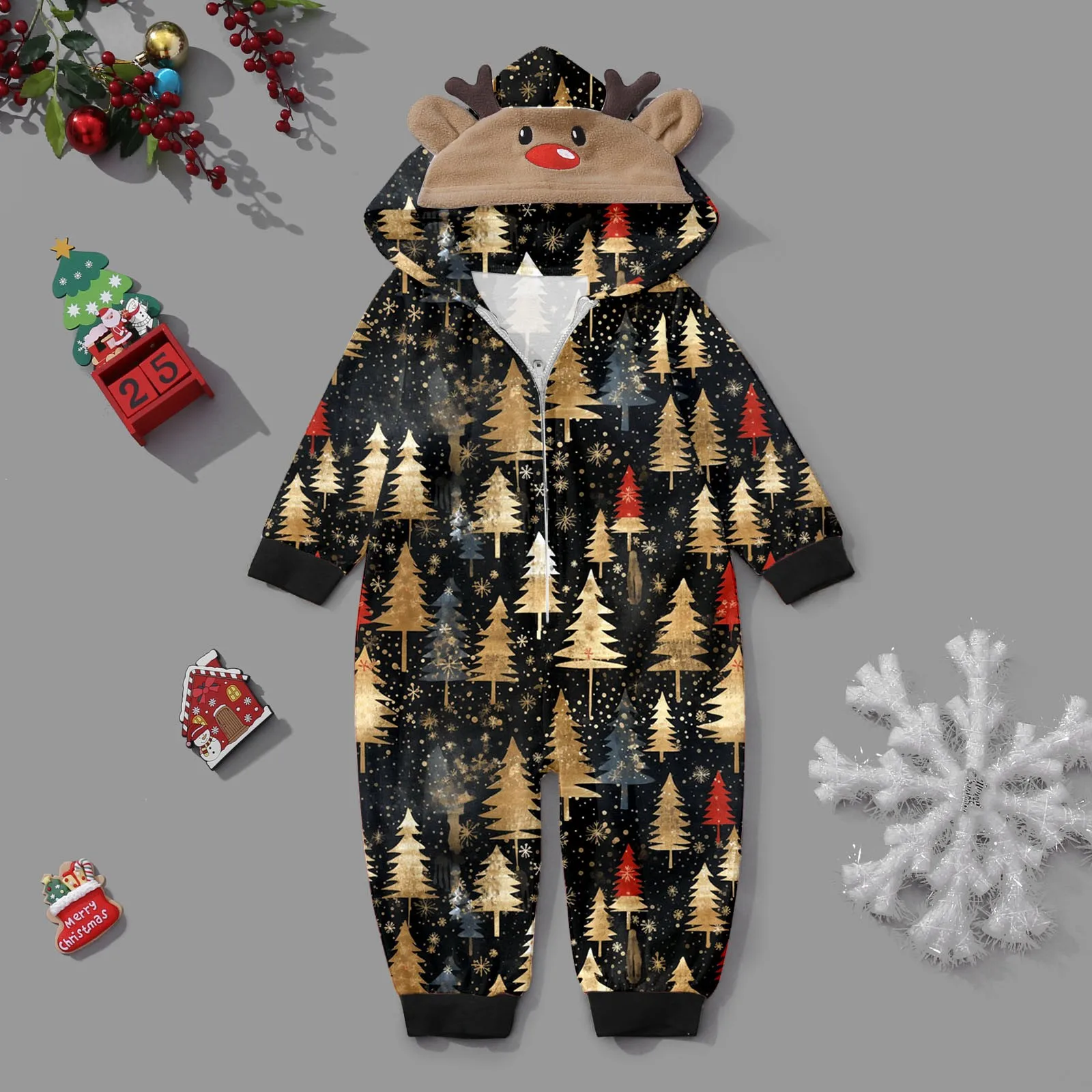 Family Christmas Jumpsuit Pajamas Elk Hooded Xmas Family Matching Outfits Hoodies Pants New Year Christmas Set Pijama Navidad