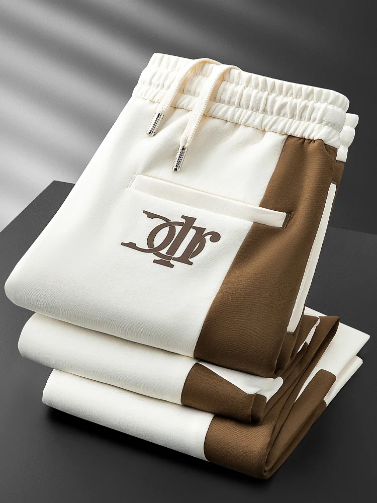 

Faionable Autumn Winter Color Blo Splice Men's Trousers Elastic Waist Cord Dstring Air Layer Cotton Sport Pants