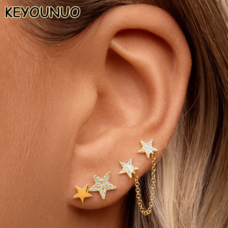 

KEYOUNUO Gold Plated CZ Stud Earrings For Women Sparkling Star Zircon Piercing Chain Earrings Fashion Party Jewelry Wholesale