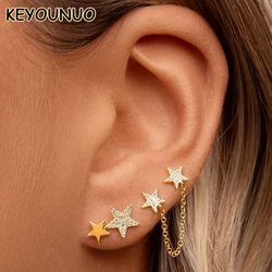 KEYOUNUO Gold Plated CZ Stud Earrings For Women Sparkling Star Zircon Piercing Chain Earrings Fashion Party Jewelry Wholesale