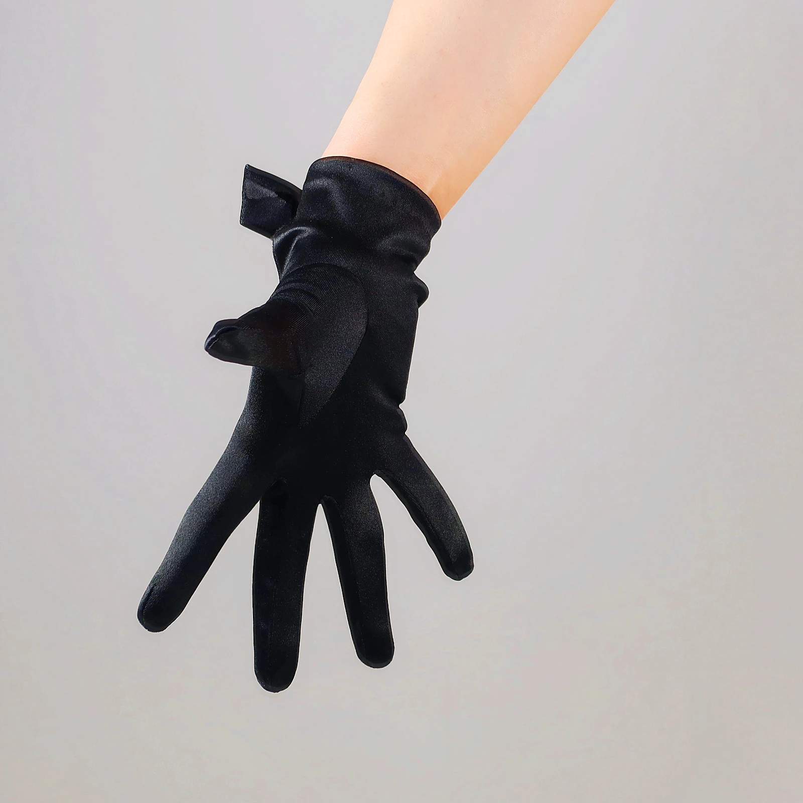 DooWay Black Satin GLOVES Big Bow Hollow Back Wrist Short Elastic Silk Satin Fashion Costume Dancing Party Opera Evening Glove