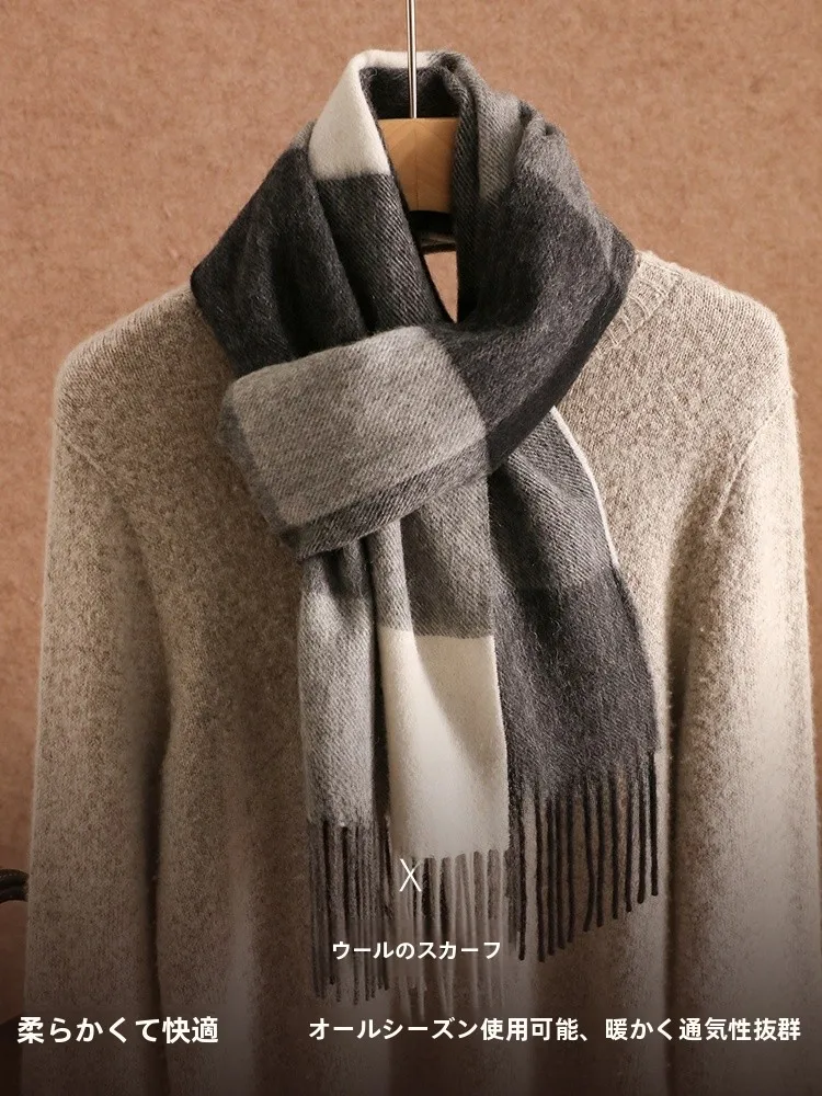 ハンランジ-2025-秋冬新作-00-ウール-チェック柄スカーフ-レディース-多用途-シニア向け-タッセル付きショール-暖かいニットウェアアクセサリー