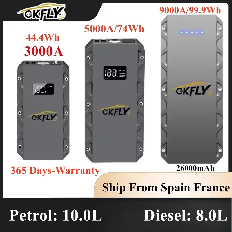 GKFLY 3000A 5000A 9000A autós indító, hordozható 12 V-os indítókészülék, autós akkumulátor-erősítő, 10,0 literes és 8,0 literes autókhoz
