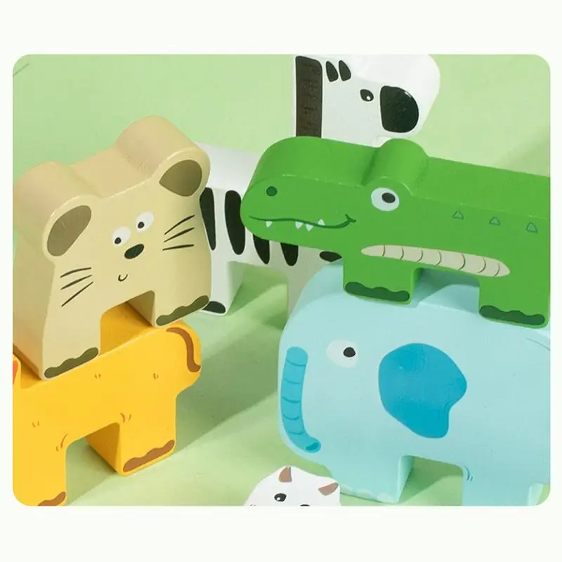 Wooden Blocks Stacking Toys Balance Building Blocks Toy Realistic Animal Image Learning Toy For Home Outdoors School Travel