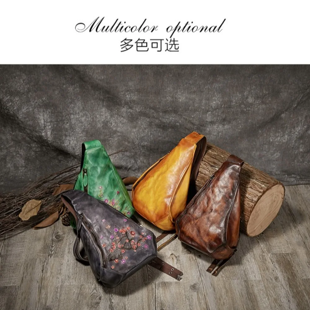 Retro genuine leather hand-painted chest bag, large-capacity high-end travel crossbody backpack