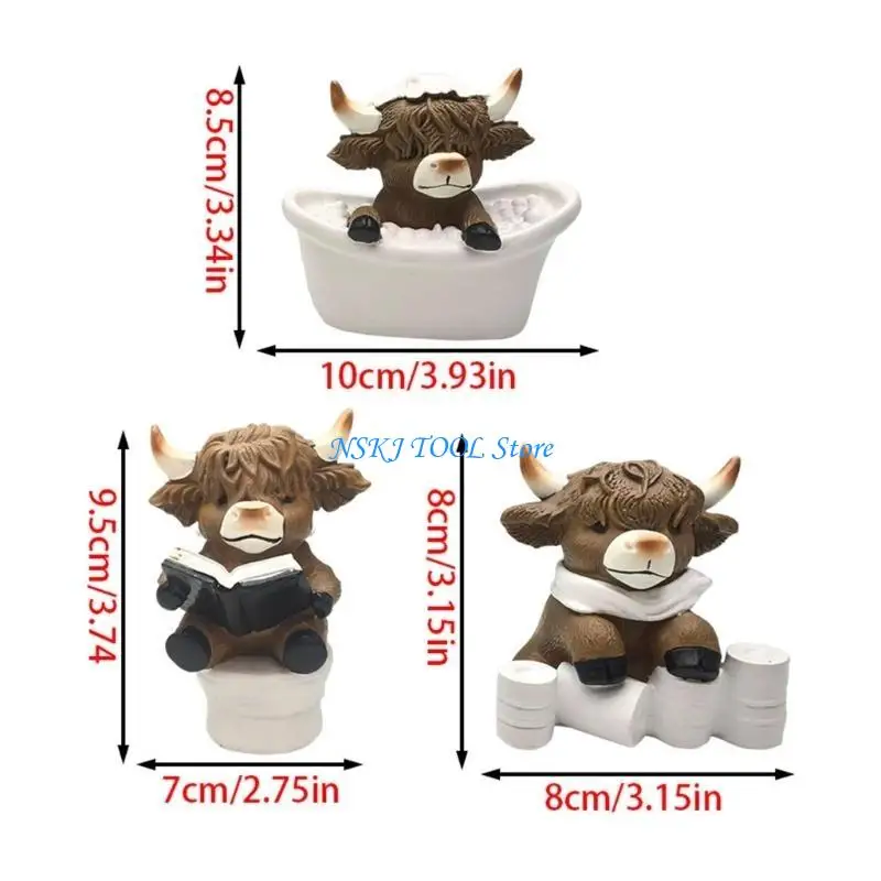 L8RC 3 Piece Resin Scottish High Land Cow Figurines Set Bathroom Interior Ornaments