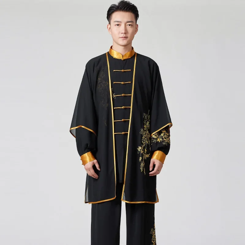 Mężczyźni Tai Chi Clothes Wushu Clothing Three Pieces Kung Fu Dress Martial Art Uniform Performance Black Wrinkle Free 2024 New Style