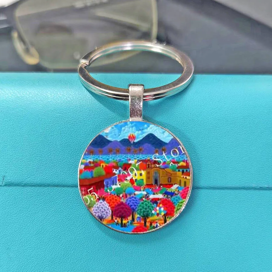 Colorful and Fun Rural Scenery Art Keychain Folk Pattern Small Gift Bright Color Kindergarten Opening Ceremony