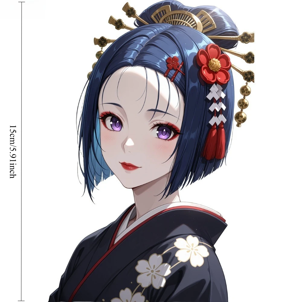 15cm Anime Geisha Girl Car Sticker Dark Blue Hair Purple Eyes Kimono Waterproof Vinyl Decal for Motorcycle Helmet Laptop view 2