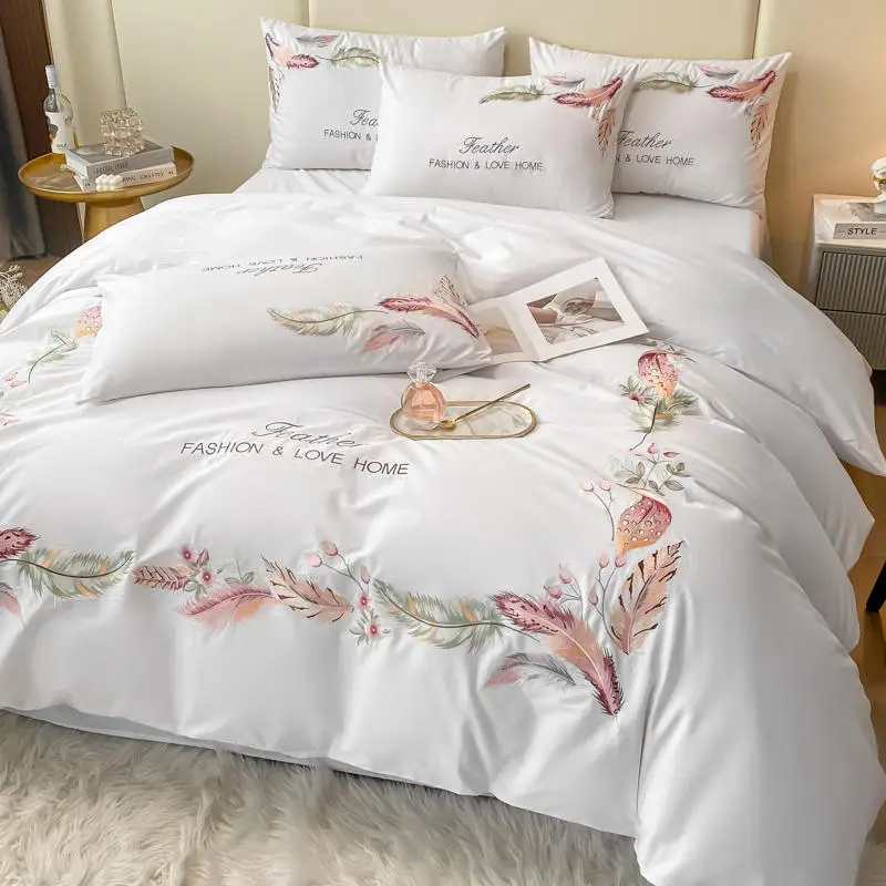 White Feather Embroidered Bedding Set, Solid Color, 100% Cotton Duvet Cover, Bed Sheet, Pillow Shams, Queen, King Size, Luxury