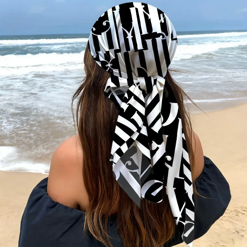 90x90cm Black White Graffiti Square Scarf,Satin Bandana for Women, Street Style Head Wrap Neck Scarf, Y2K Hip Hop Hair Accessory