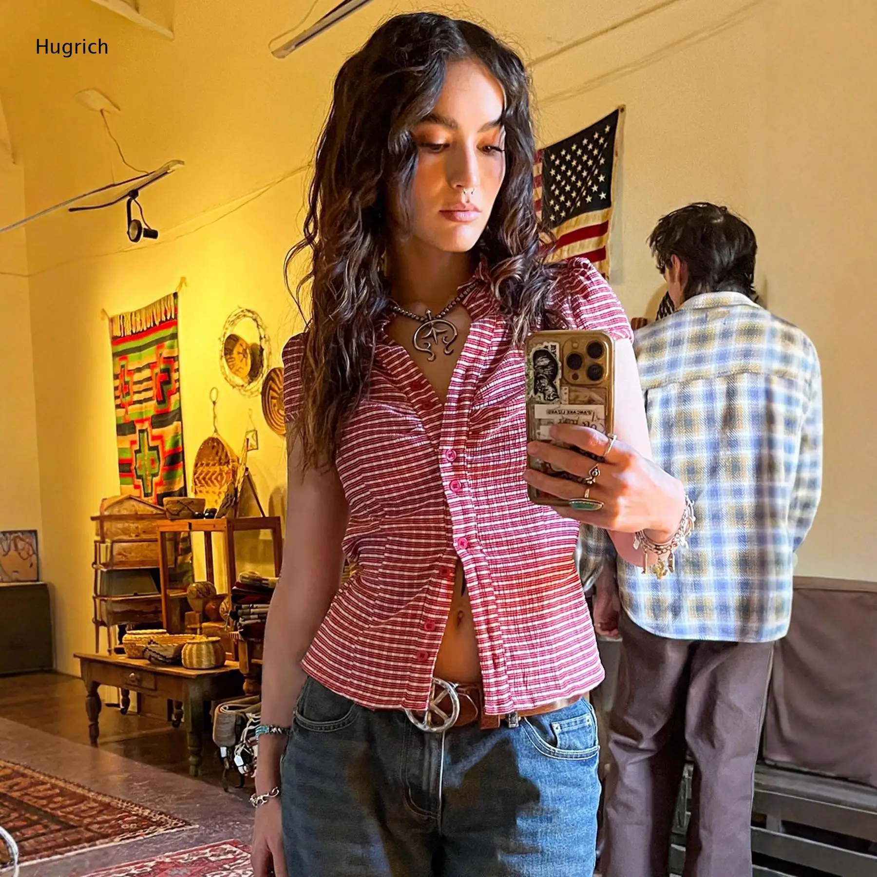 Checkered Short Sleeve Shirt with Gathered Side Detail Button Down Fitted Cropped Silhouette for Casual Wear