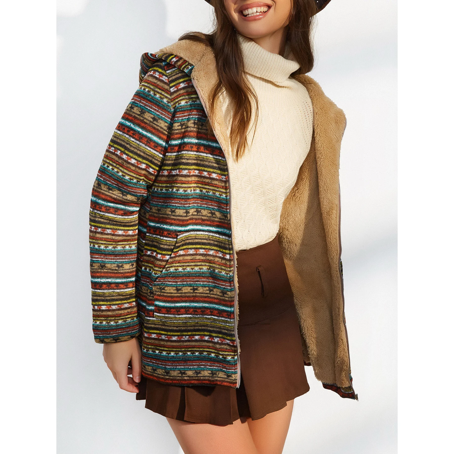 ZAFUL Women Coat Tunic Pocket Fluffy Tribal Print Ethnic Aztec Faux Granola Fake Fur 2024 new on offer clearance free shipping