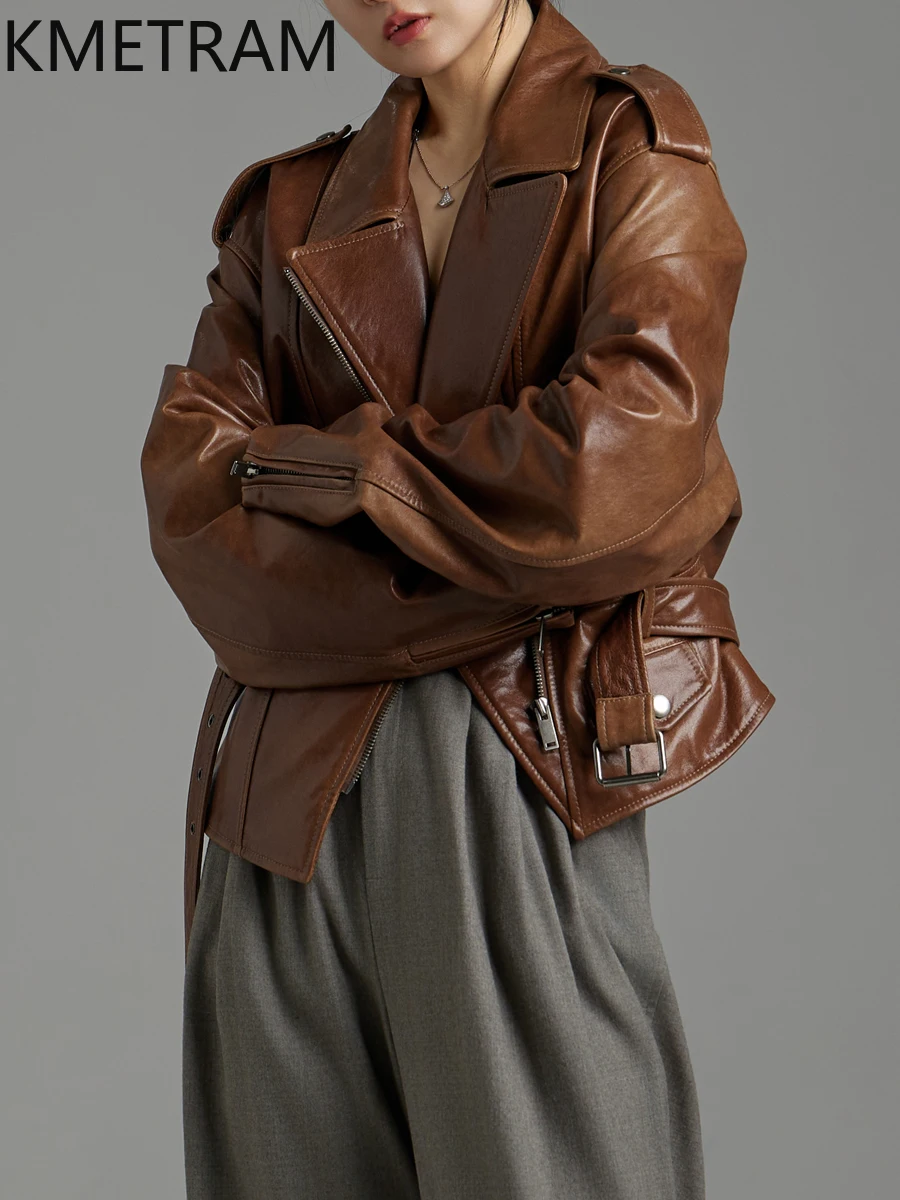 KMETRAM 100% cera d'olio giacca di pelle di pecora donna corta moto giacche in vera pelle donna autunno abbigliamento donna 2025 дубл onderка