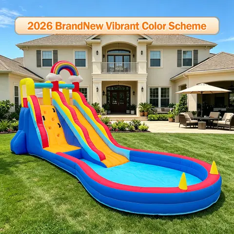 Inflatable Water Slide 6.1x2.3x3.9m with Splash Pool, 2026 New Rainbow Theme Double Slides Bounce House, Outdoor Backyard Water Park for Summer Party Fun