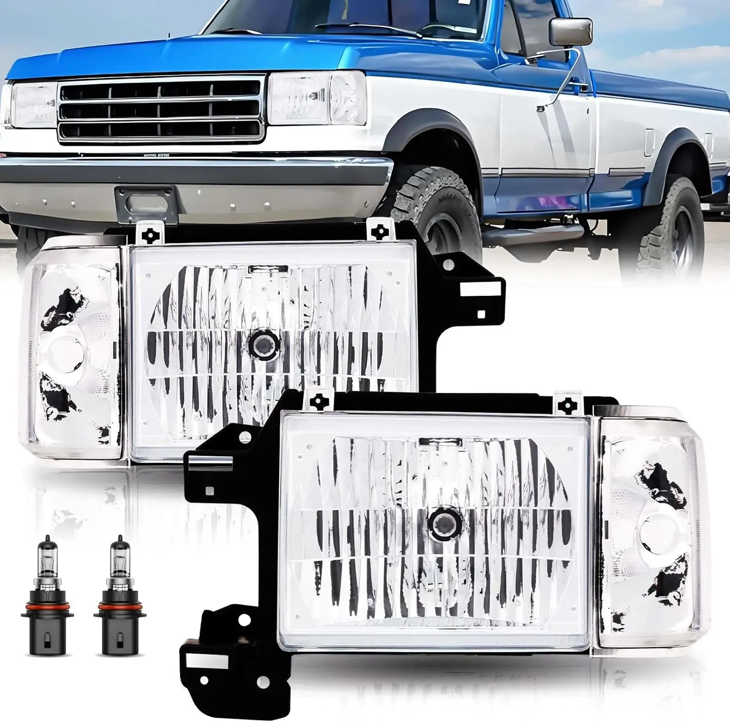 Halogen Headlamp Assembly for 1987-1991 Ford F150 F250 F350 Bronco, Chrome Housing Clear Reflector, Bulbs Included, No Trim, Com