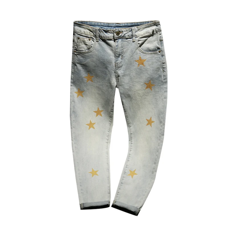 lork-deem-韓国風カジュアルスタープリントジーンズ-スリムフィット-ナインポイントパンツ-多用途でファッショナブルな小衆向け