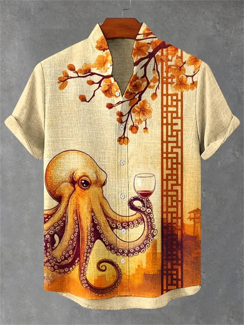 Men's Vintage Linen Short Sleeve Shirt Summer Art Cat Print Casual Top