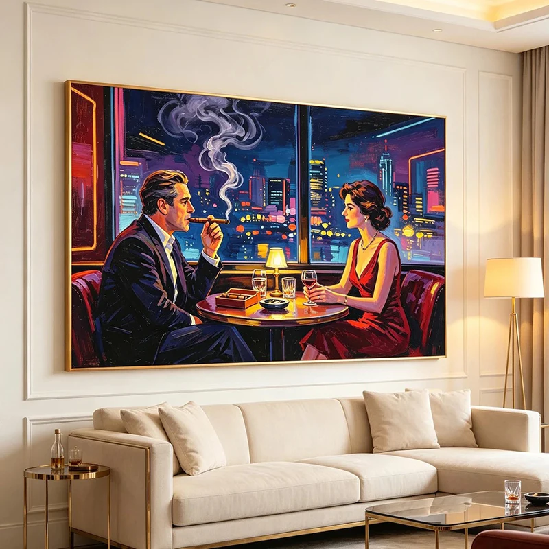Couple at Bar Cigar Night Cityscape Poster Prints Moody Lounge Canvas Art for Living Room Home Decoration