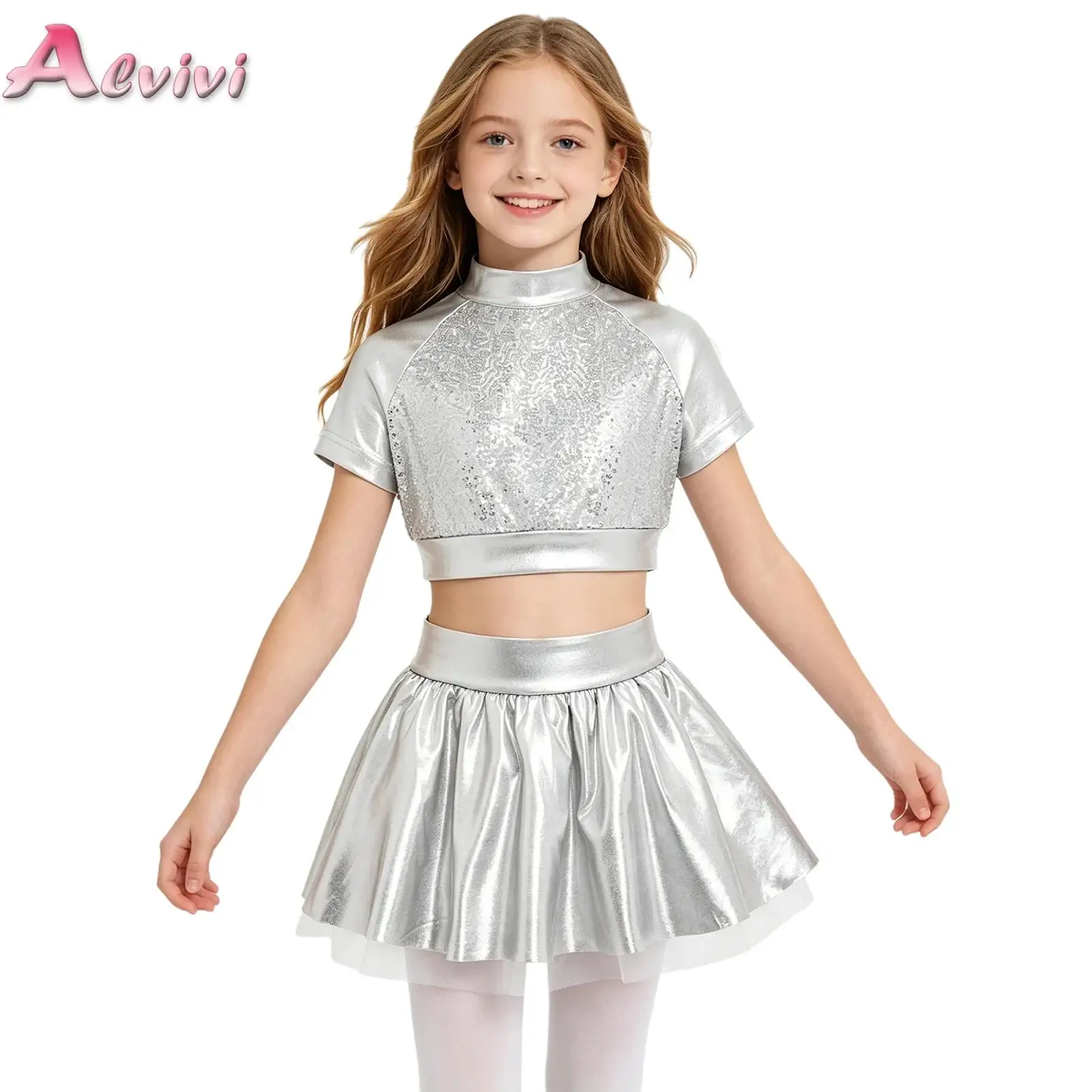 Kids Girls Sequins Metallic Crop Top with Tutu Skirt Short Sleeve Party Set Fashion Streetwear Jazz Dance Performance Outfits