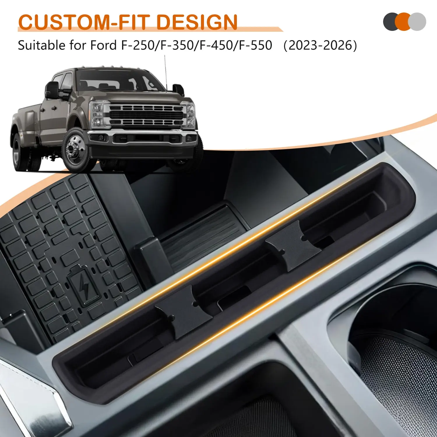 Center Console Dual Device Storage Box Organizer with USB Hole Phone Holder Tray For Ford F-250 F-350 F-450 F-550 2023-2026