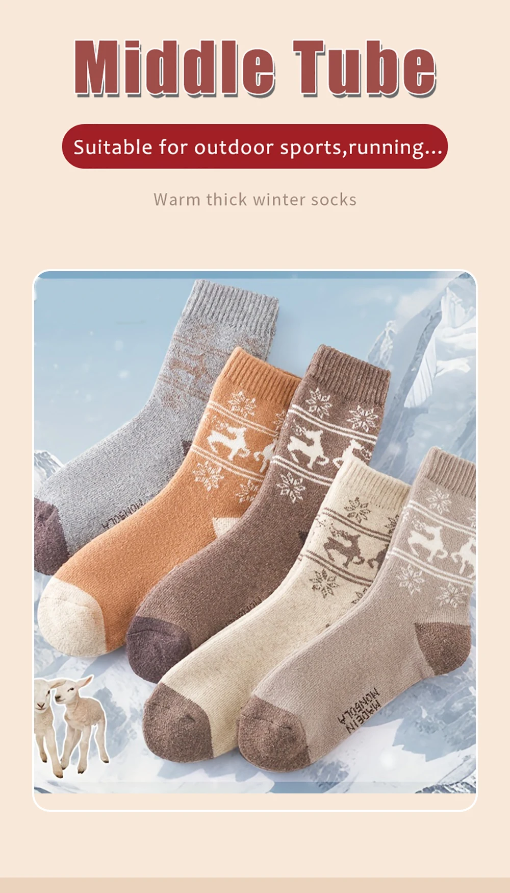 5Pairs Winter Verdicken Wolle Socken Warme Schnee Frauen Socken Gegen Kalte Mittelrohr Outdoor Sport Socken Weihnachten Elch Socken geschenk – Detail 6