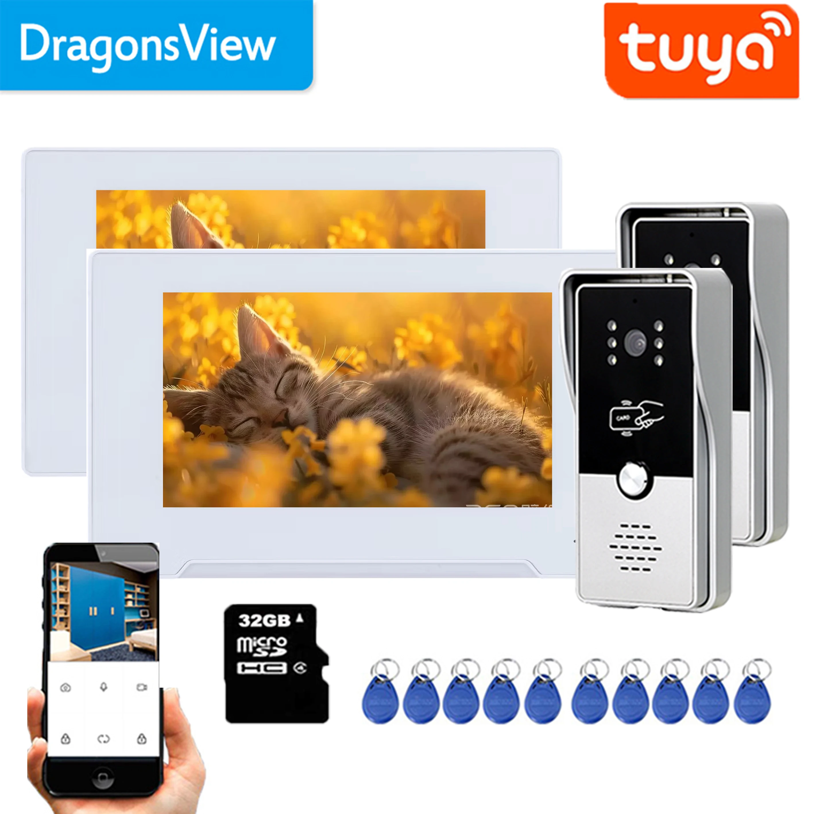 Dragonsview-Tuyaテレビ電話,Wi-Fi,RFID,カメラ付きドアベル,2台のタッチスクリーンモニター,7インチ,モーションレコード,1080p