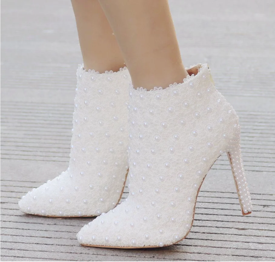 Leather Boots Women High Heel Ankle Boots Pointed Toe Pearl Lace Wedding Shoes Spring Autumn Pearl Heel White Short Boots 11cm