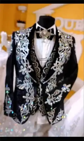 남성용 럭셔리 메탈 비즈 블랙 웨딩 수트, 신랑 턱시도, 남성 무도회 블레이저, 슬림 코스튬, 맞춤형, 3 피스 세트