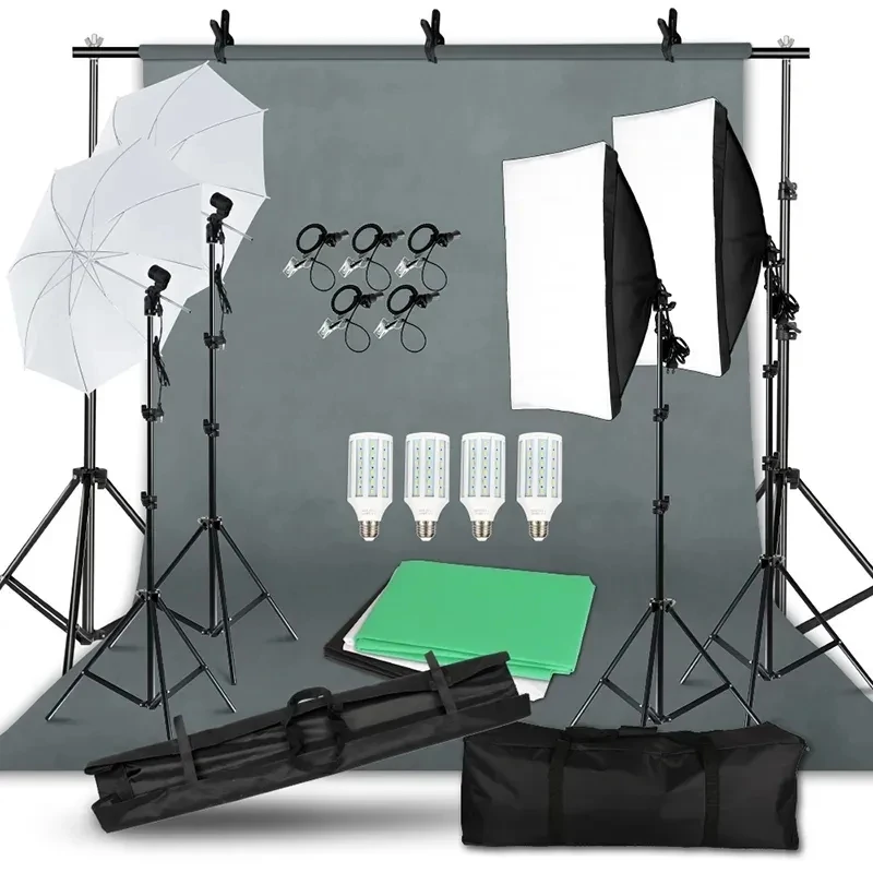 SH Photography Photo Studio Lighting Kit 2x3M Background Tripod Stand With 4Pcs Backdrop Portable Bag LED Light Softbox Umbrella