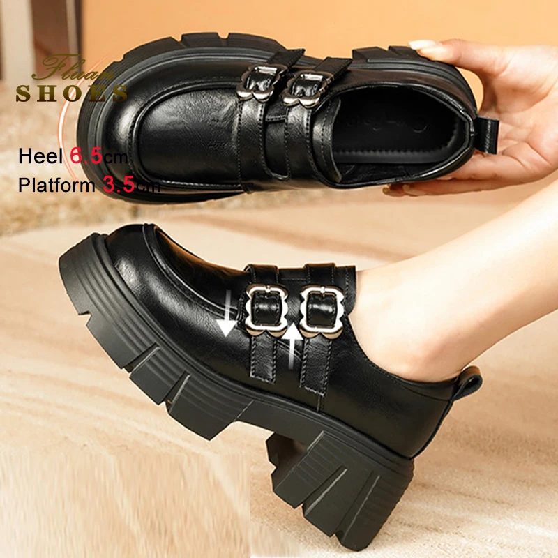 

Autumn Winter Fashion Black Women's Shoes Thick High Heels 6.5cm Platform 3.5cm Round Toe Ladies Pumps Double Belt Buckle Shoes