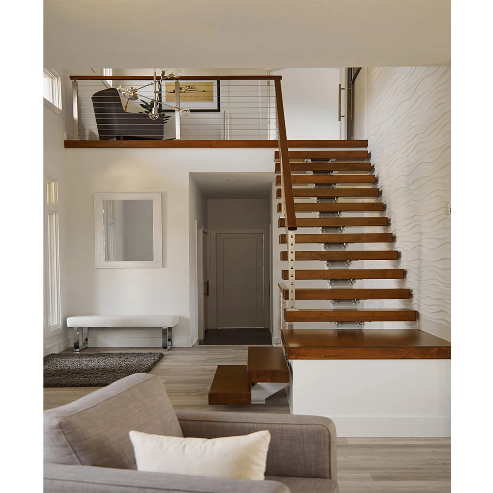 Customization Cheap Price Modern Floating Staircase Hidden Cantilever Enter Wall Type Stair With Glass Step Wood Treads Stairs