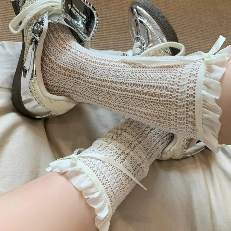 

Сетчатые ажурные гольфы в стиле Лолиты в японском стиле, полосатые сердечка, кружевные чулки выше колена с узором, гофрированные гольфы Kawaii