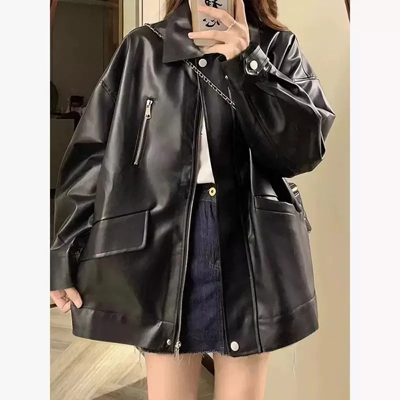 Hong Kong Style Women's Short Biker Leather Jacket Black Vintage Spring Autumn High-End Feel Zipper Closure Long Sleeve Suit
