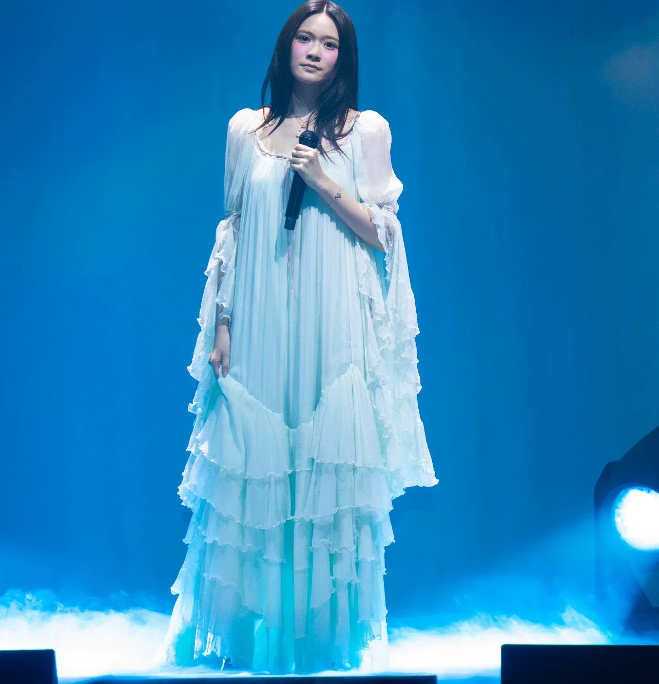 Runway 100% Silk Mint Green Pleated Ruffle Fairy Dress Luxury Long Bell Sleeve Resort Vacation Gown