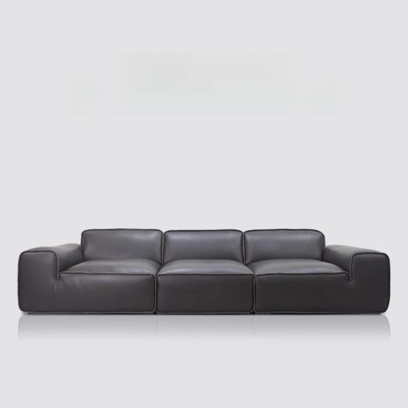 Big black cow leather sofa first layer cowhide living room Italian villa black leather art sofa