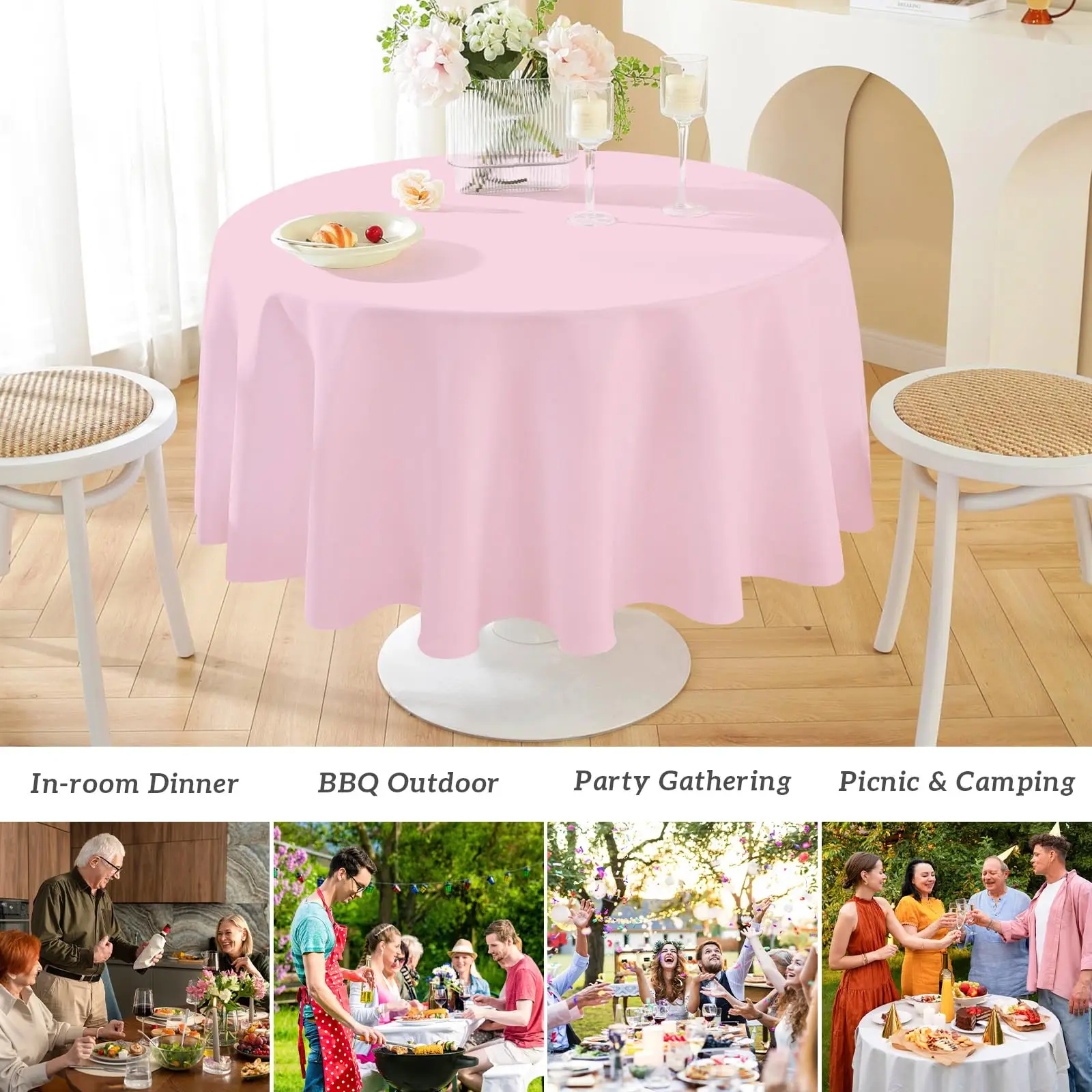 Disposable Pink Round Plastic Tablecloths Table Covers for Indoor or Outdoor Parties Birthdays Weddings Anniversary Buffet Table