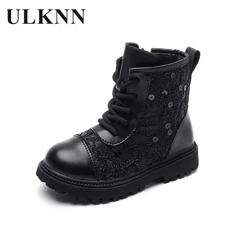 Girl's Sequined Short Boots New Student's Winter Fashion Shoes Girl's Beige Boots Crystal Single Shoes Kid's Balck Riding