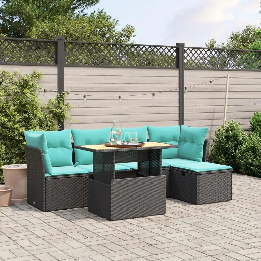 

Stylish 6 Piece Black Poly Rattan Patio Sofa Set with Cushions for Outdoor Garden and Balcony Seating