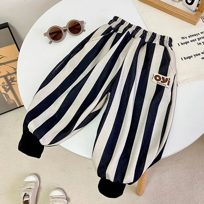 

2023 Spring and Autumn Fashion New Preppy Style Children's Clothing Splice Pockets Mid Waist Versatile Simplicity Striped Pants