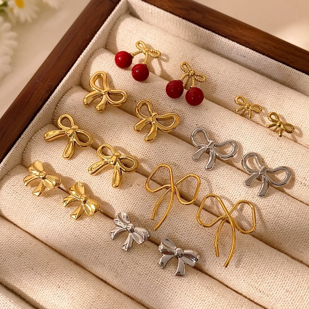 

CARLIDANA Fashion Waterproof Stainless Steel Earring Trendy Bow Earrings Gold Plated Butterfly Bow Knot Stud Earrings for Women