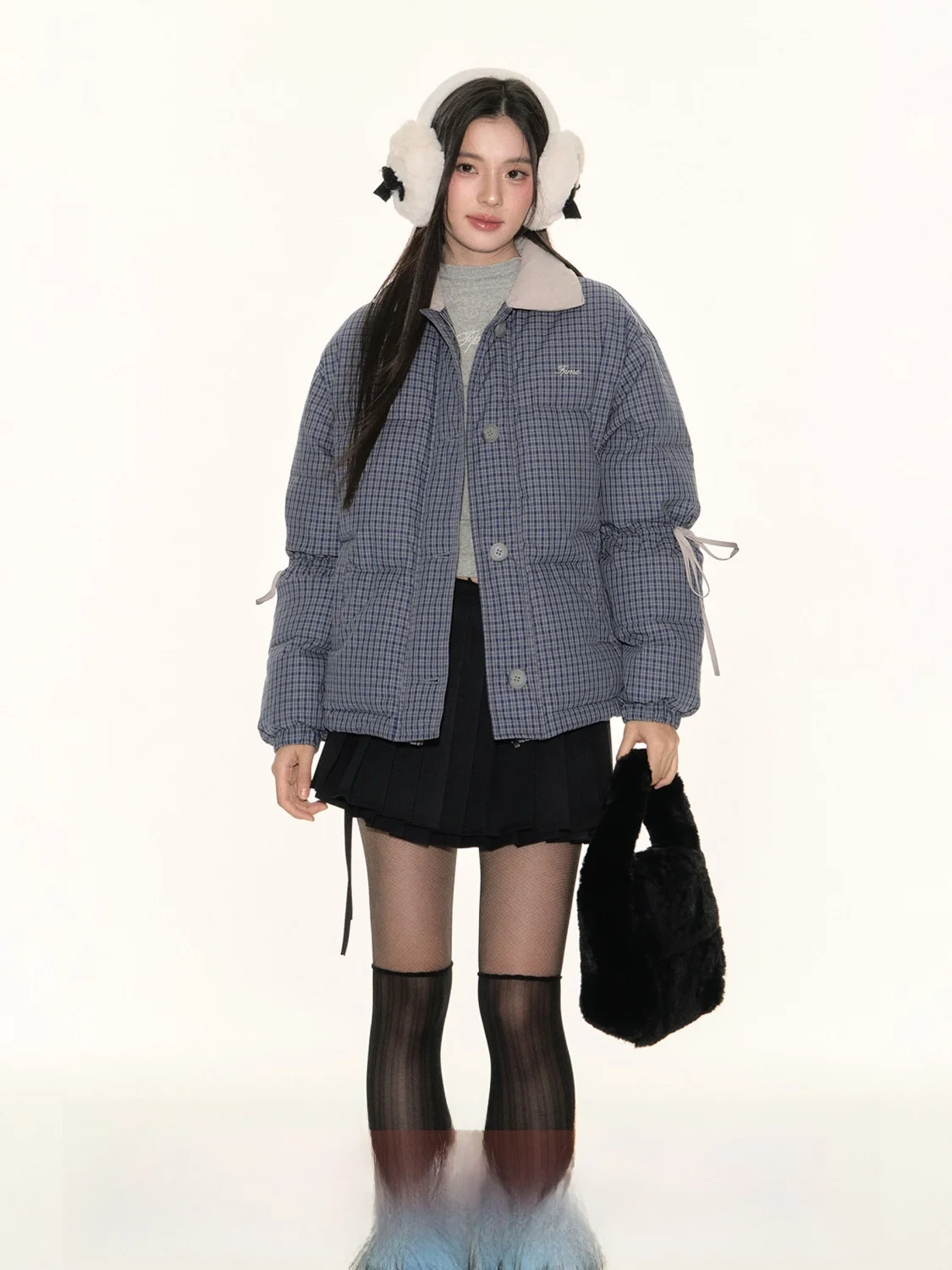

FPMZ Color Blo Collar Blue Plaid 90 White Du down Puffer Jaet Sve Dstring Knot Tie Cotton Outerwear