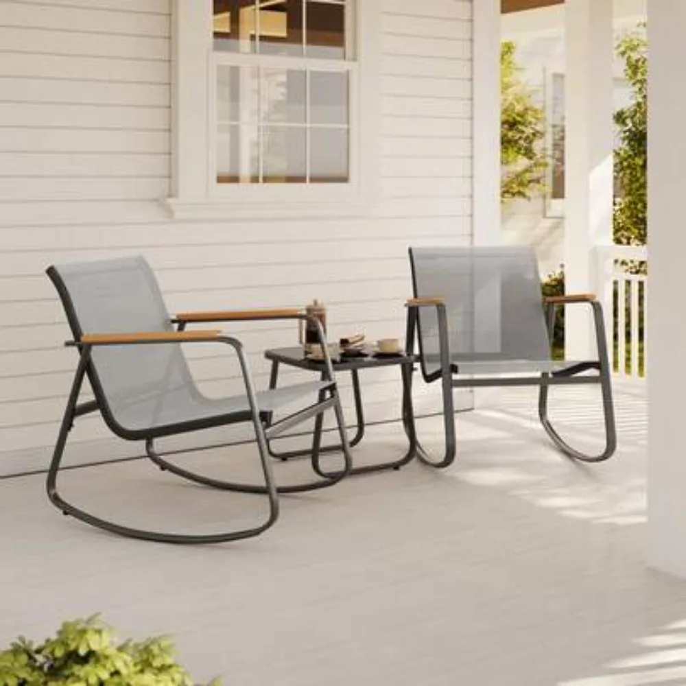 3 Piece Rattan Rocking Chairs Bistro Set With Coffee Table All Weather Patio Furniture For Balcony Garden