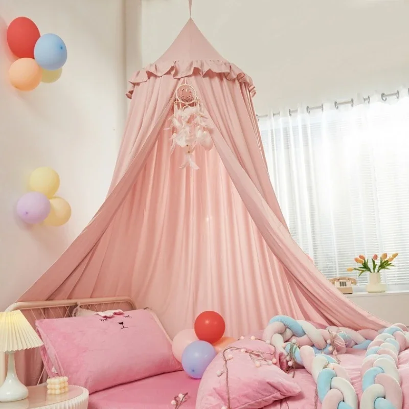 yesBed Canopy Princess Castle Tent Pink Ruffled Hanging Dome For Girls Bedroom Nursery Decor Playhouse Reading Nook Curtain