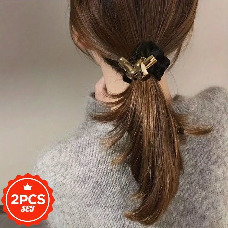 

2Pcs/set Glitter Hair Ties with Creative Patterns - High Elastic Shiny Hair Bands for Women, Elegant Ponytail Hair Rope Holders