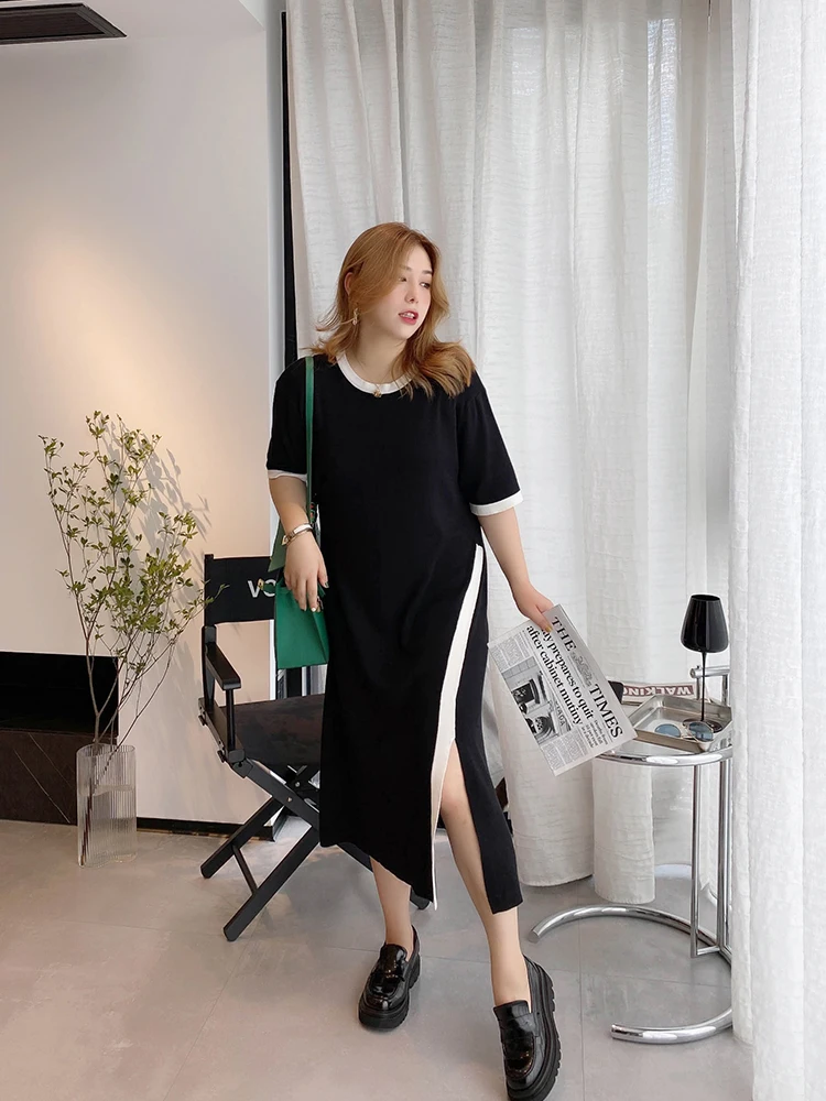 

Вязаное платье Vogana большого размера в стиле ретро с цветными блоками, разрезом по бокам, длиной миди, скрывающее недостатки фигуры, осеннее, с длинными рукавами и круглым вырезом