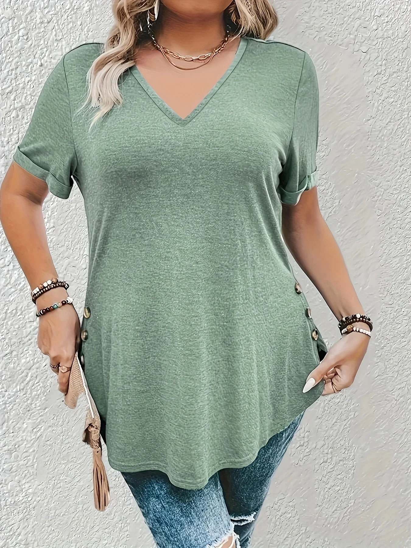 حجم كبير 1XL-5XL المرأة أزياء أنيقة الصلبة قصيرة الأكمام المحملة المرأة الربيع/الخريف أزياء بلون تي شيرت