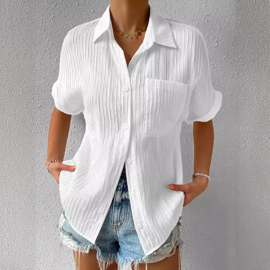 New 2025 Women's Pure Color Spring Summer Cotton Linen ort Sve irt with ket European Sle Faion Ladies' Blouse