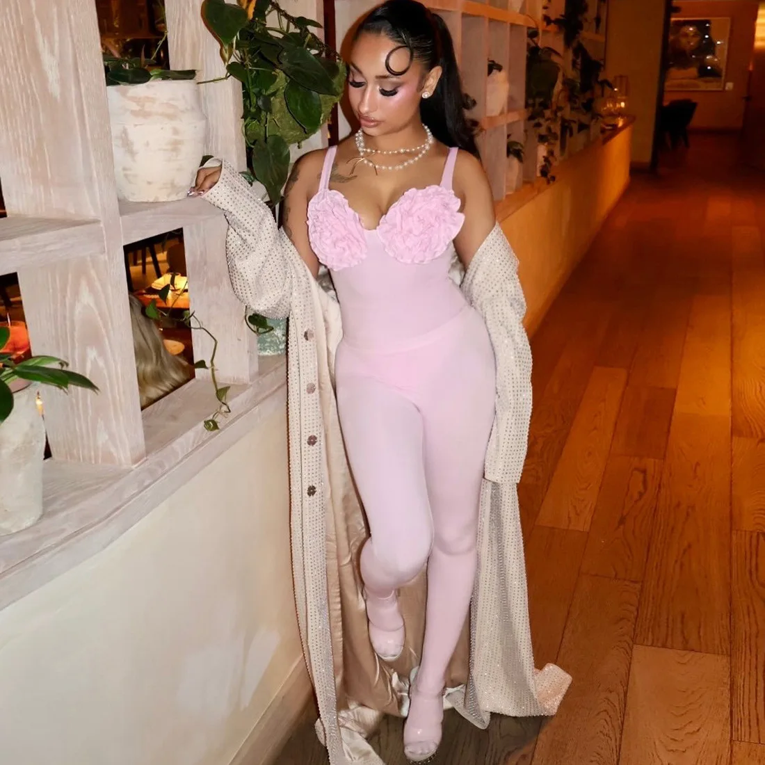 

DSMTRC Sexy Fashion Club Party Suit Woman 3d Flower Decoration Low-Neck Backless Bodysuit+Skinny Peach Hip Long Pant 2 Piece Set