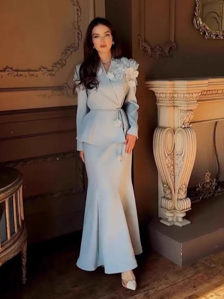Women Skirt Two Piece Set Sexy Long Sleeves Flowers Coat With Lace-up + Long Slim Skirts Sets Evening Cocktail Party Suit
